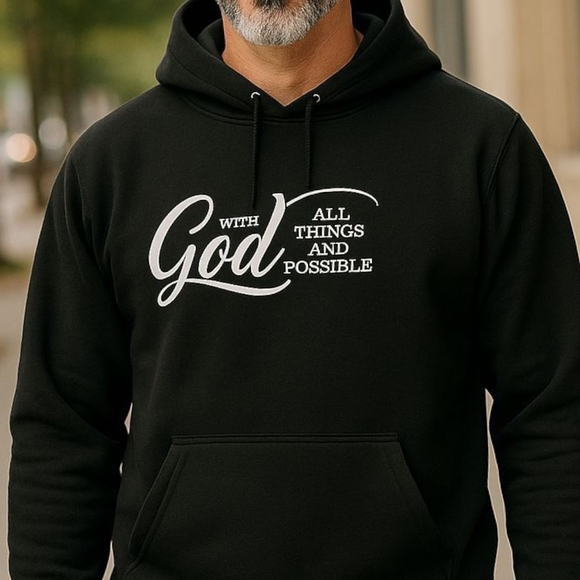 Christian Clothing -NWOT, 1 Drawstring Hoodie "With God All Things Are Possible" - Picture 3 of 14